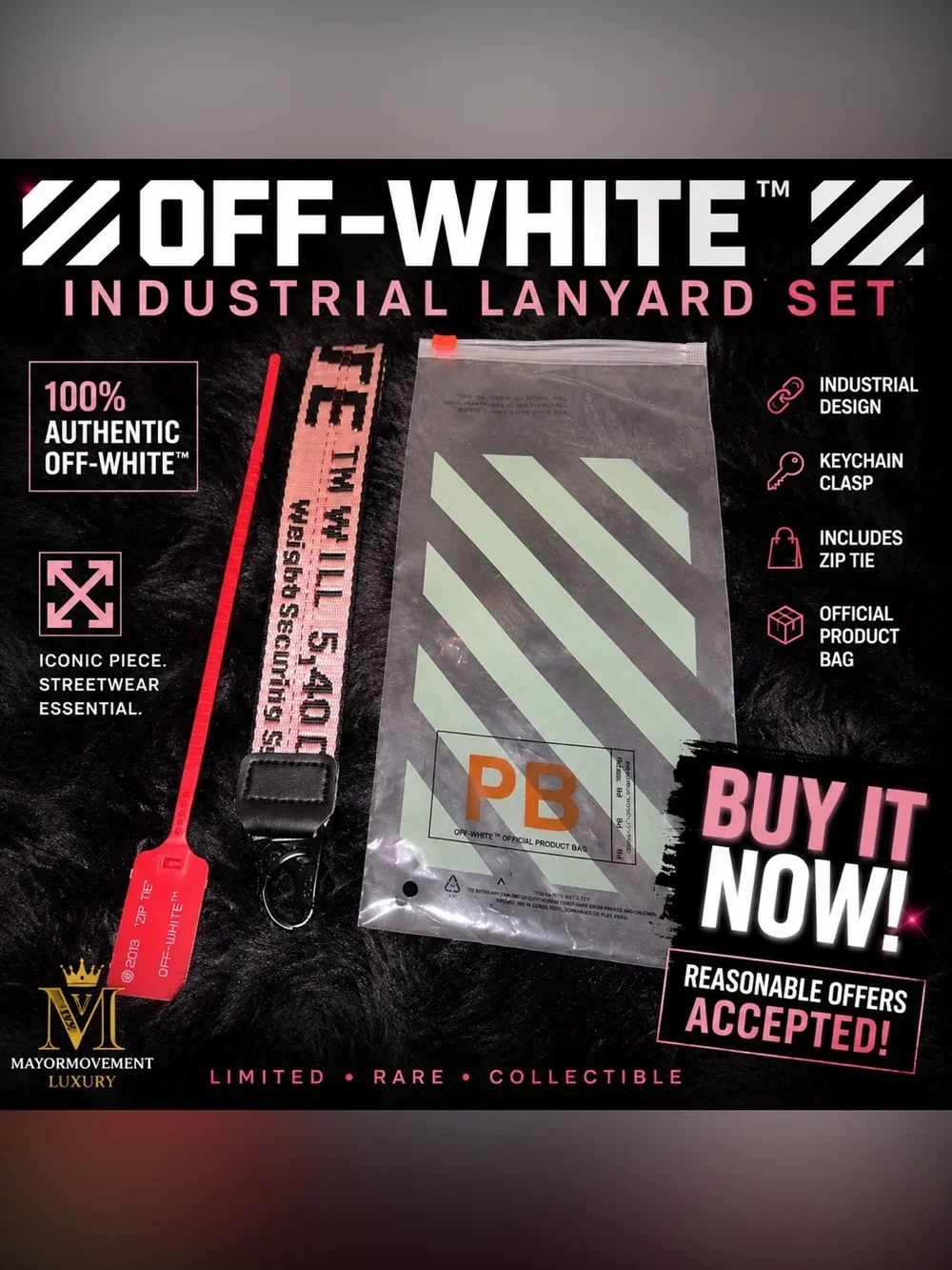 Off-White Industrial Pink Lanyard Keychain + Red Zip Tie & Product Bag